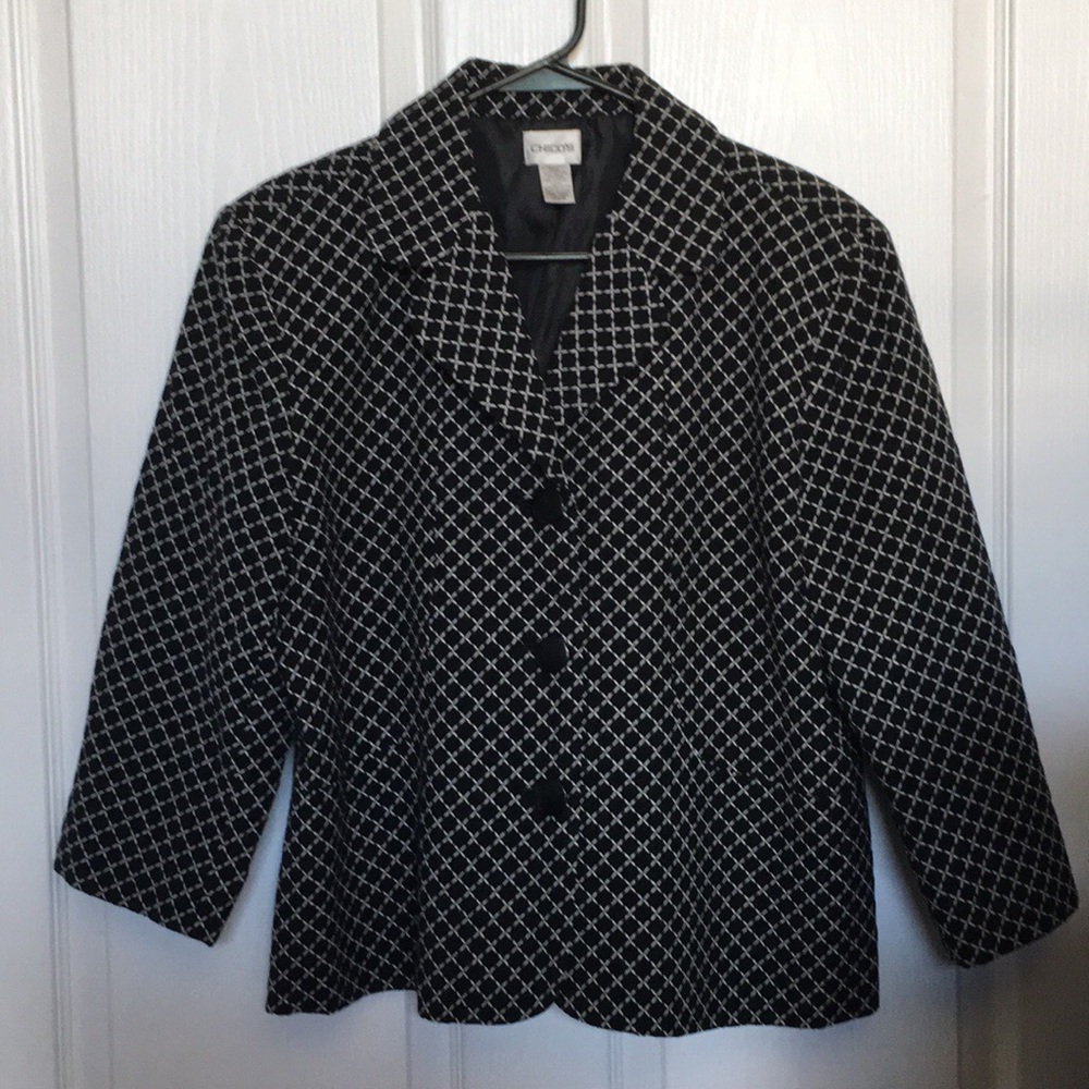 Chico’s Sz 2 Black White Blazer 3/4 Sleeve jacket